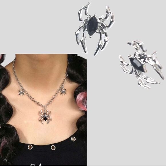 Super cool silver spider earrings with black stone center! New - Picture 1 of 4